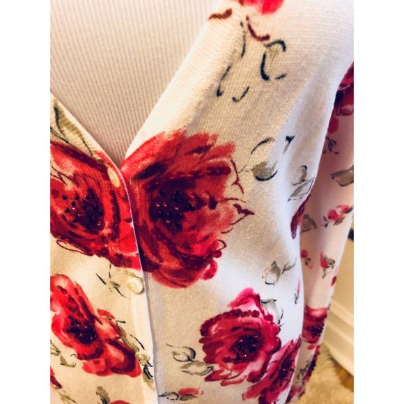 Vintage Oscar de la Renta White Cardigan Flowers Roses Sequins Small - Picture 2 of 6